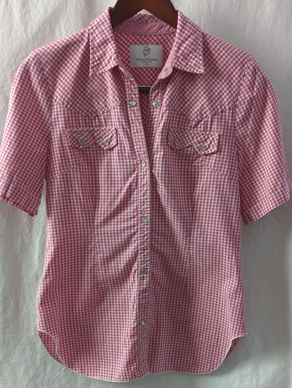 Vintage Western Skies Pink White Gingham Pearl Snap Shirt Made in USA Cotton